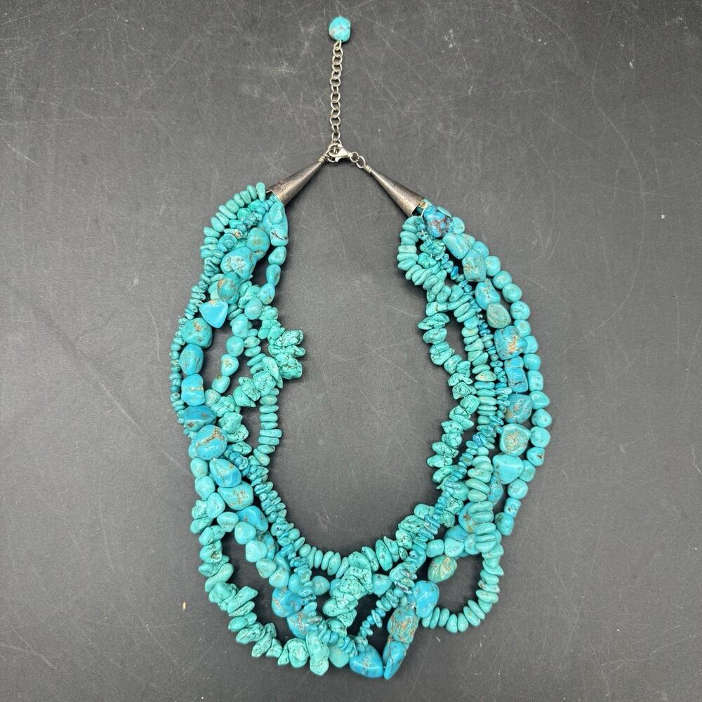 Vintage Navajo Sterling Silver & Turquoise Multi-Strand Beaded Necklace Choker